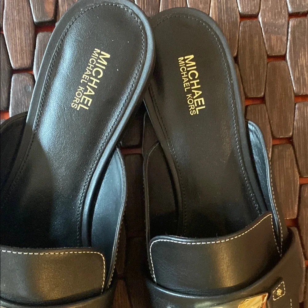 Michael Kors Black Leather Slip-On Shoes with Gold Detail